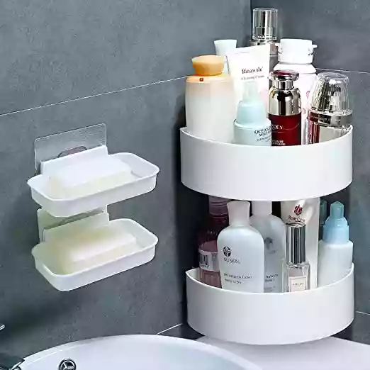 wolpin Plastic (2 Pc with 2 Soap Cases) Round Corner Kitchen Bathroom Shelf Self-Adhesive Sticker Hooks Multipurpose 